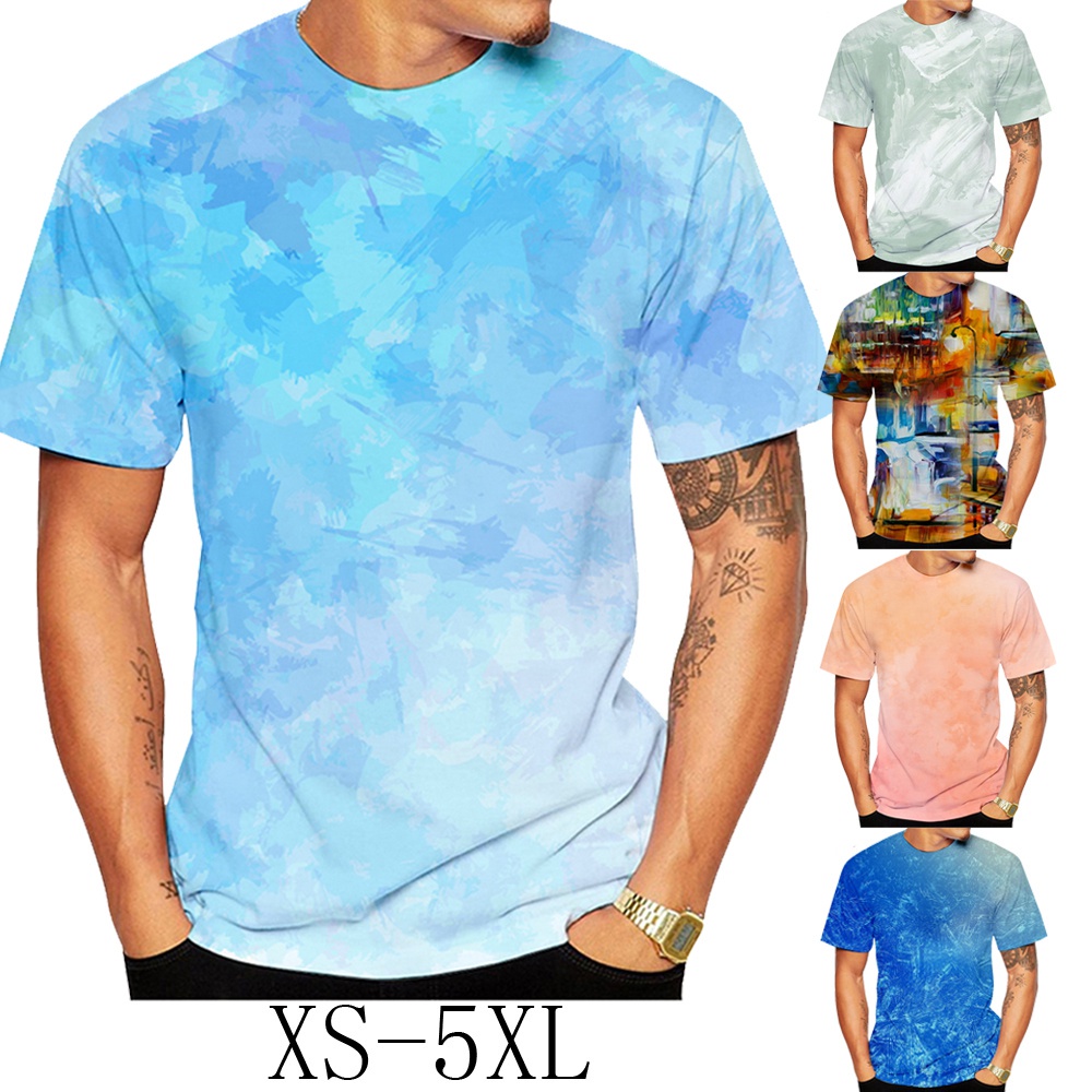 Summer color tie-dye printed 3dt men's shirt short sleeve fashion round collar t-shirt top Men's and women's clothing