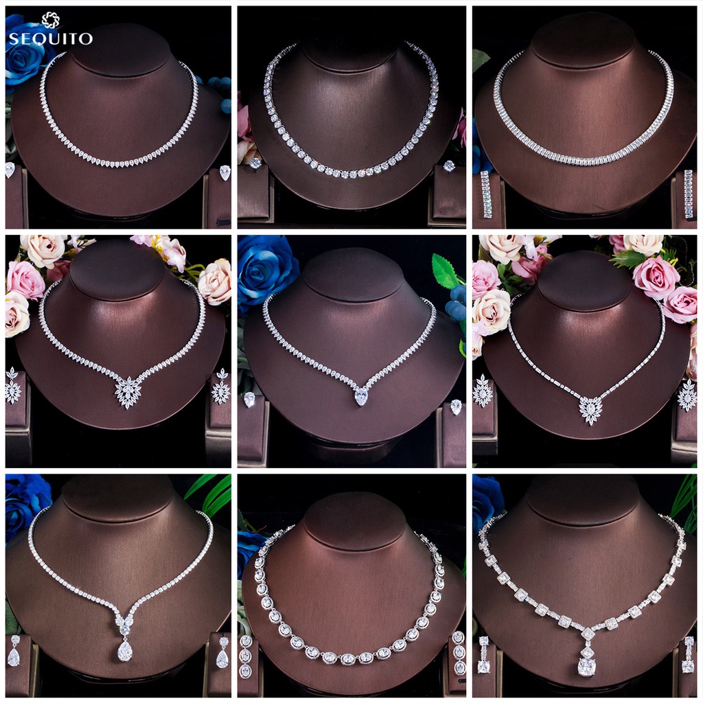 SEQUITO Korean Style Trendy Delicate Zirconia Diamond Crystal Necklace Earrings for Brides Wedding Jewelry Set JS162 Shopee Singapore