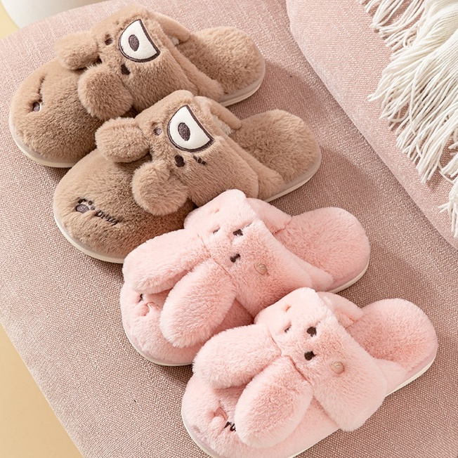 Couples Plush Indoor Slippers Size 36 45 Men Women Two Way Fluffy Slippers Unisex Cartoon Cute Rabbit Winter Warm Cotton Slippers