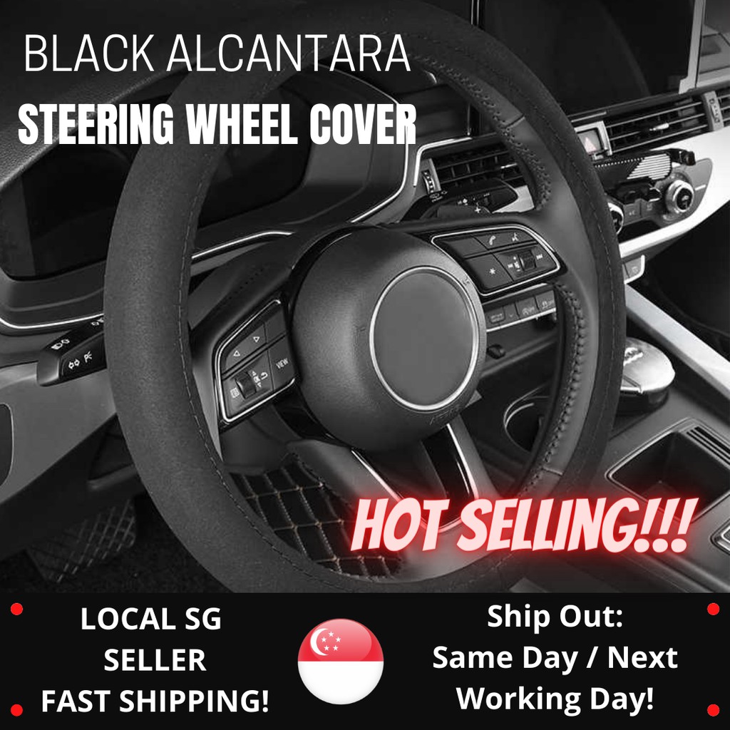 ?⭐PREMIUM QUALITY⭐?Full Black Suede Alcantara Steering Wheel Cover (Fits 36.5cm to 38cm)