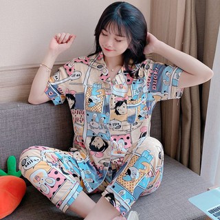 Summer Women Cotton Pajamas Set Short Sleeve Cartoon Print