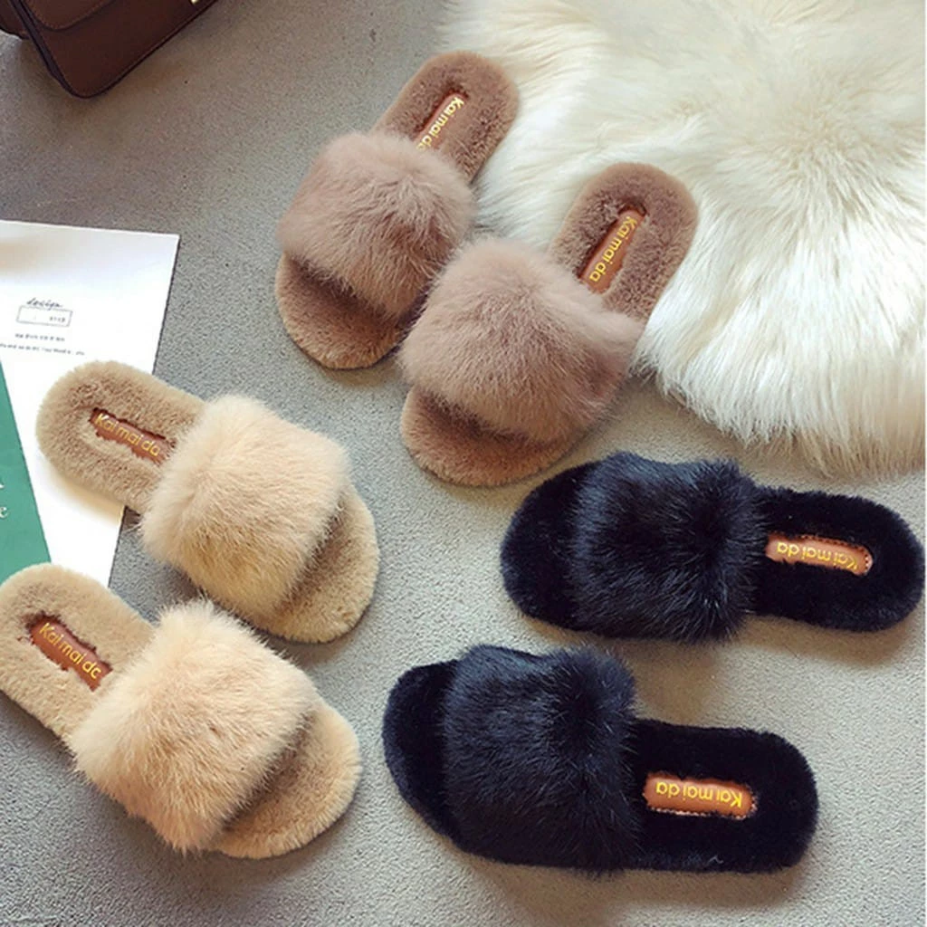 Sandal Selip Bulu Wanita Korea Bahan Spon 37-40