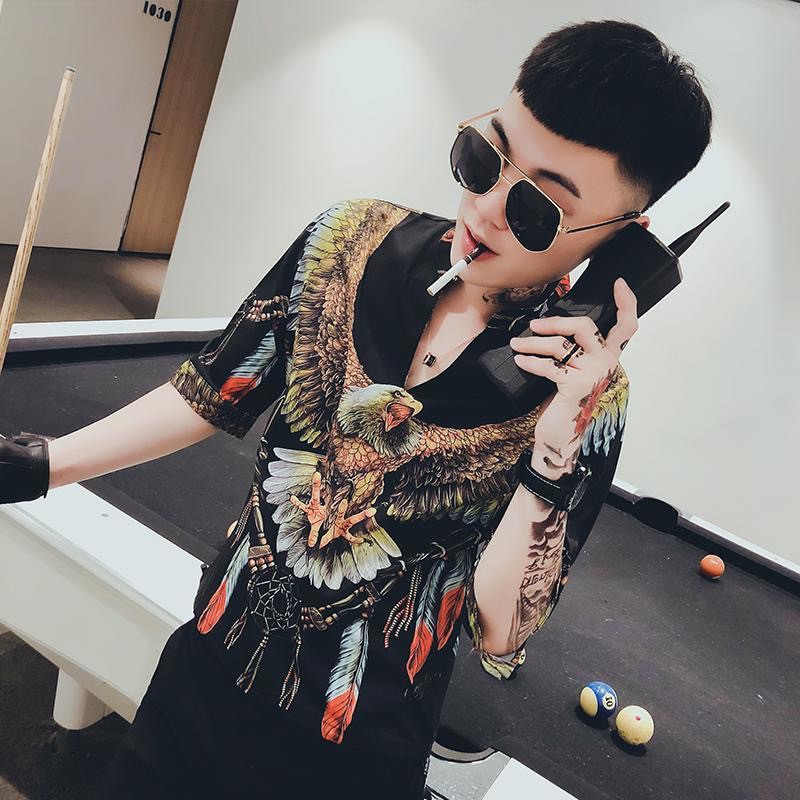 Street Guy Fashion Flower Printed Mens Short Sleeve Casual Shirt