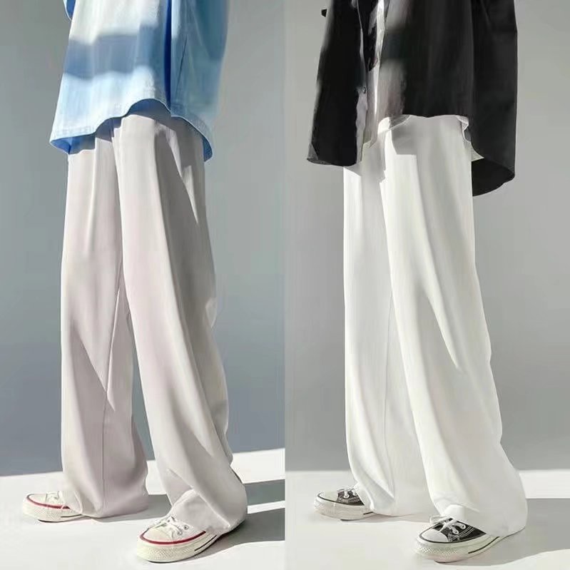 Men Straight Casual Pants Summer Korean Style Baggy Slit Wide Leg