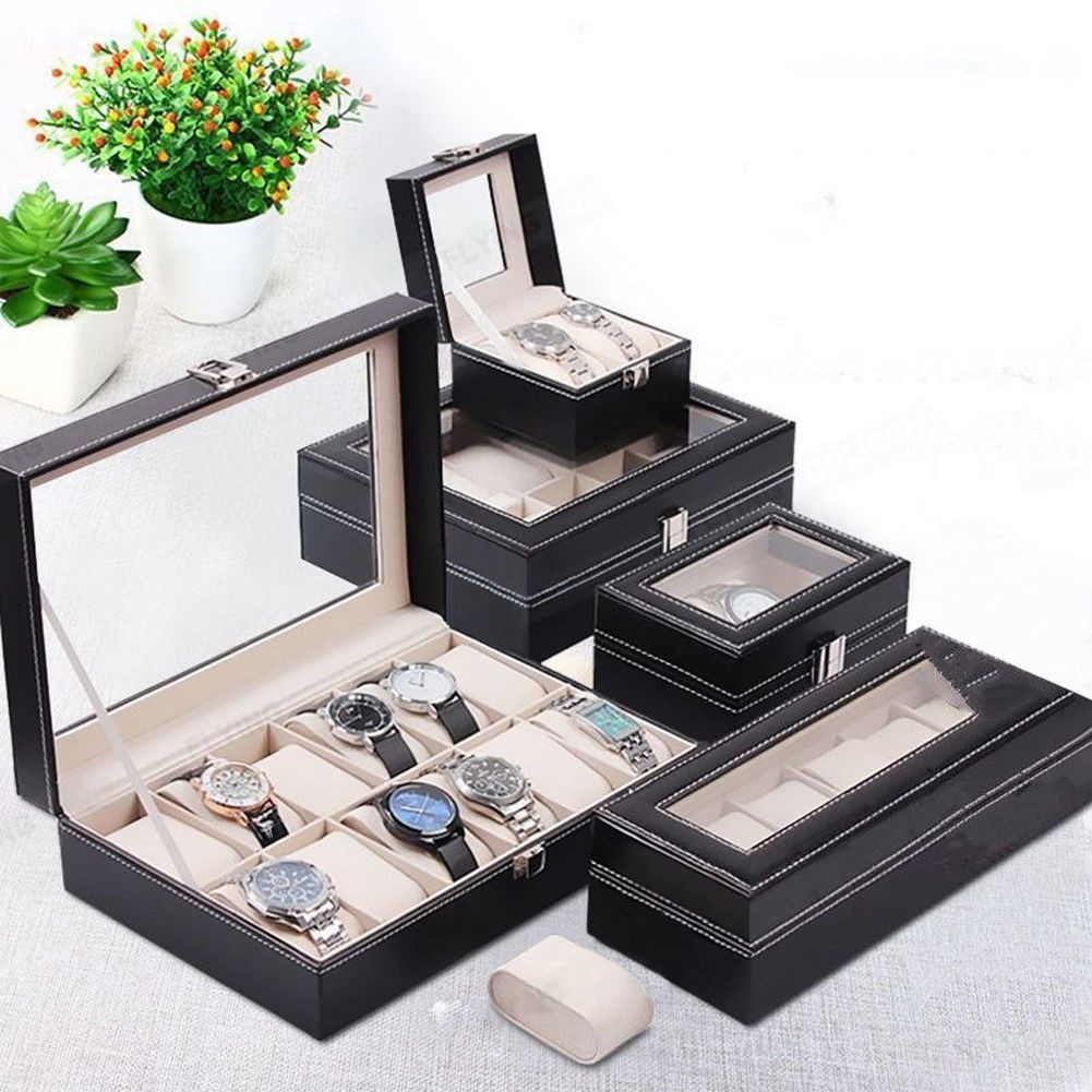 Watch Box Storage Case PU Leather Accessories Glass Top Jewelry