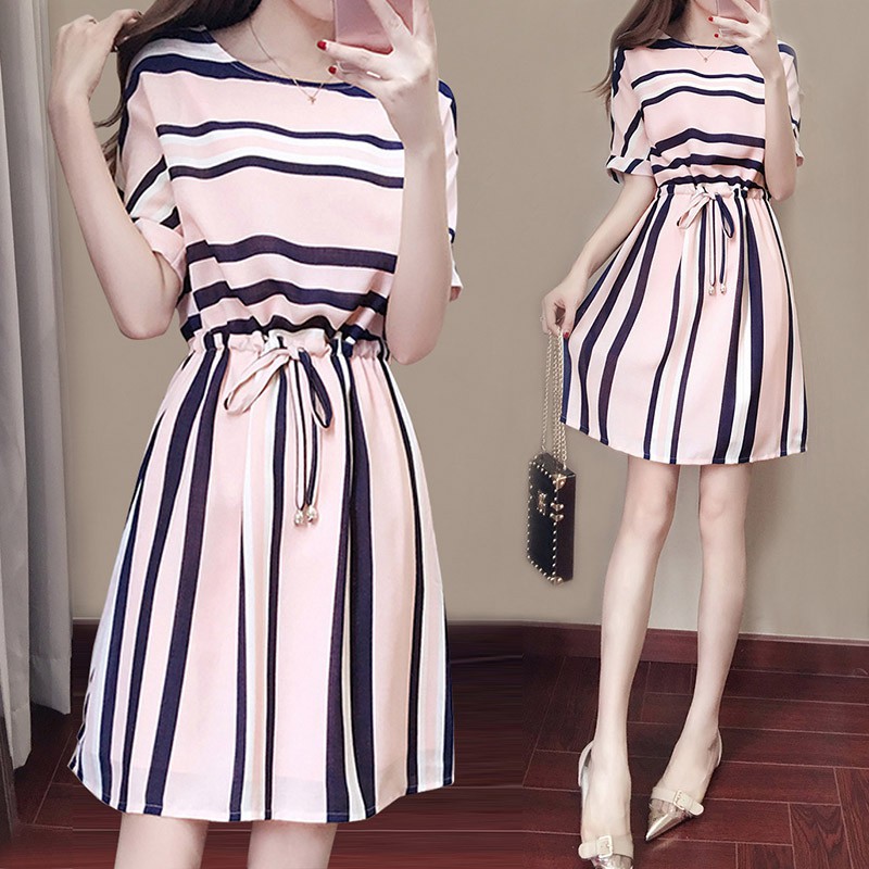 Women Dress Summer O Neck Thinning Casual Stripe Short Sleeve Dress Female Clothing