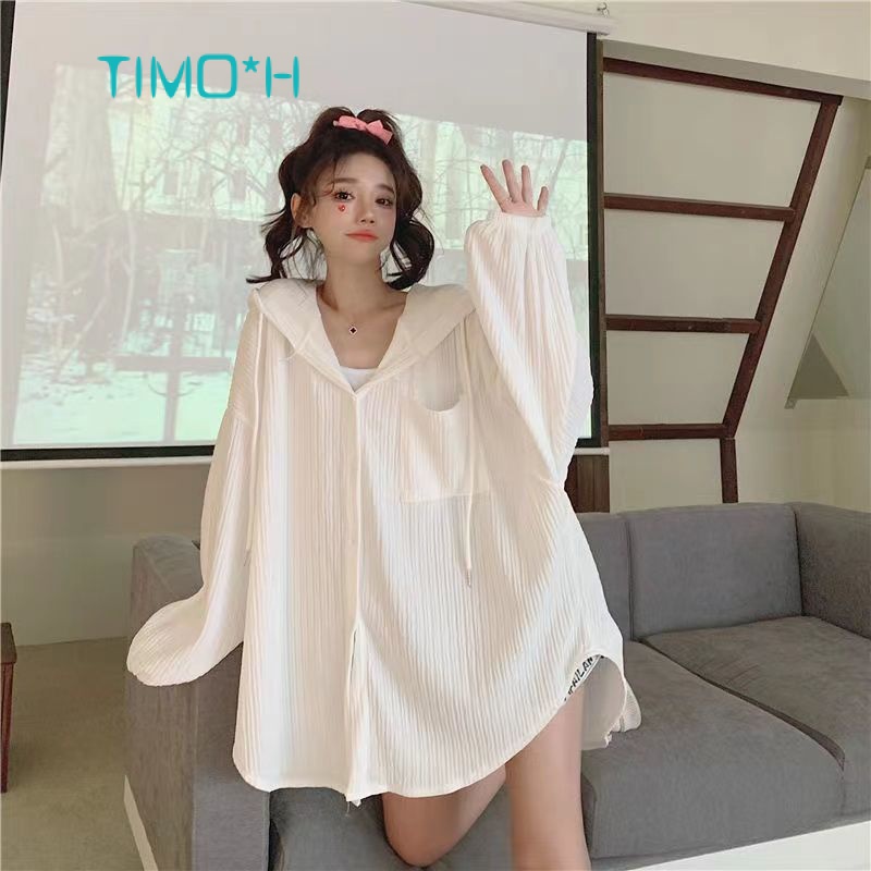 Jacket Women Thin Sun Protection Clothing Loose Large Size Long-Sleeved Hooded Hong Kong Style Button All-Match Cardigan Shirt ins Casual Top * TIMO Ready Stock