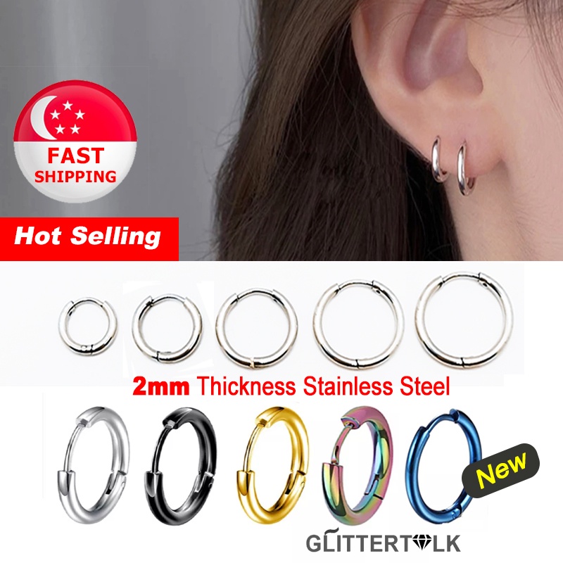 [SG Seller] 1 Pair 2mm Stainless Steel Unisex Hoop Earrings