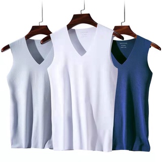 Men Ice Silk T-shirt Seamless V-neck Undershirt Short Sleeve Workout Tank  Tops