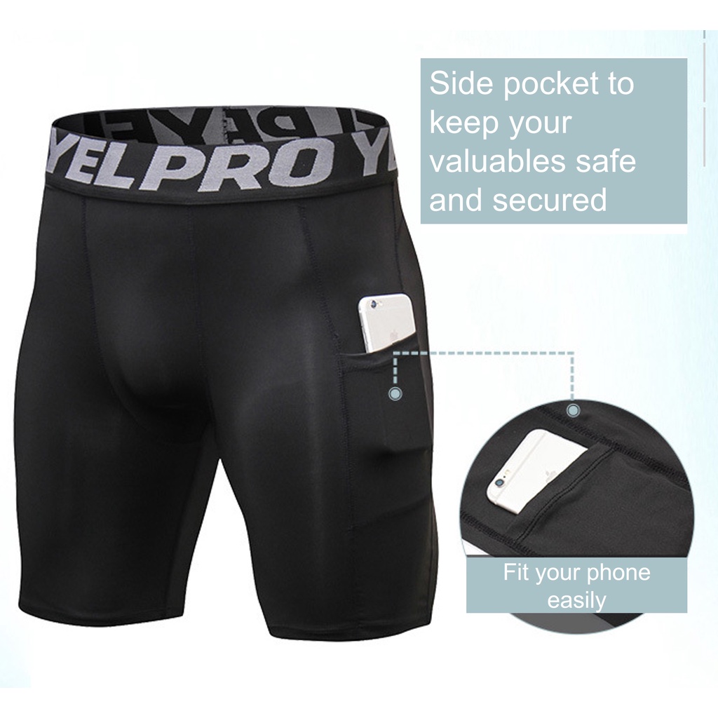 (Local) Men Pocket Compression Shorts Tights Pants with Pocket for Professional Sports Gym Training Running
