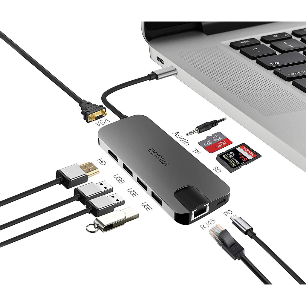 Usb C Hub10 In 1 Vmade Type C Hub Adapterwith 4k Hdmi Vga Ethernet Ports 2 Ready Stock Sg 2432