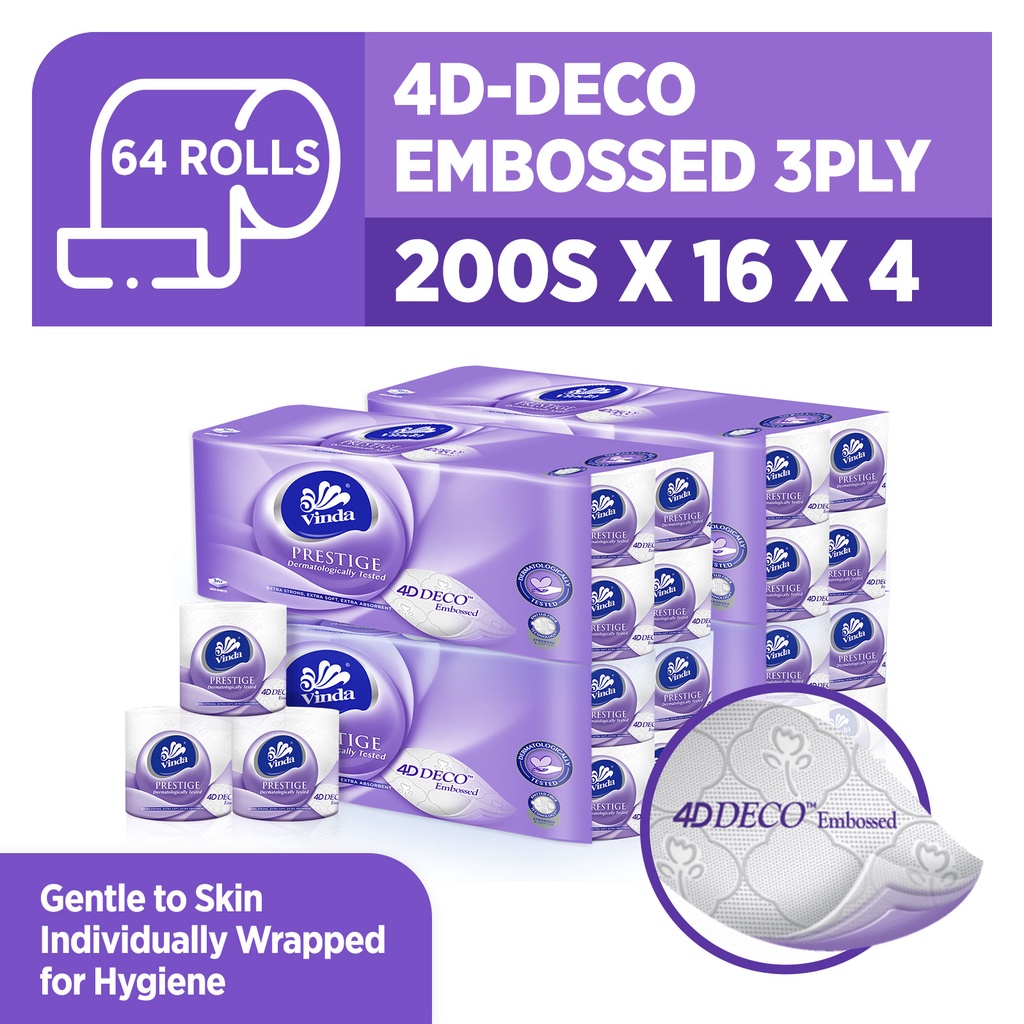 [Bundle of 4] Vinda Prestige 3Ply 4DDeco Embossed Toilet Paper Roll