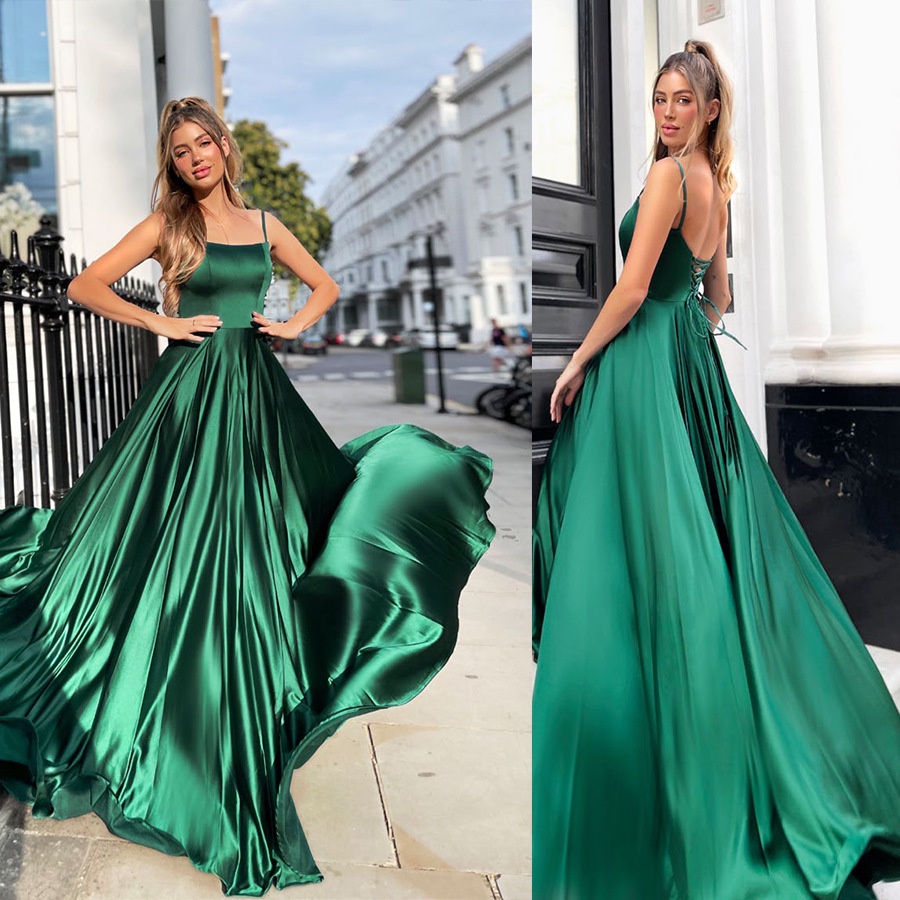 ALine Satin Long Prom Dress 2022 New Arrivals Emerald Green Evening Dress for Women High