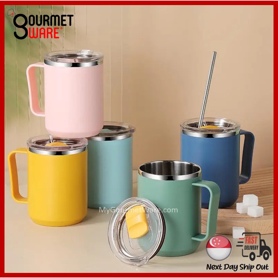 [SG Stock] Stainless Steel Mug with Sliding Lid 450ml Coffee Cup