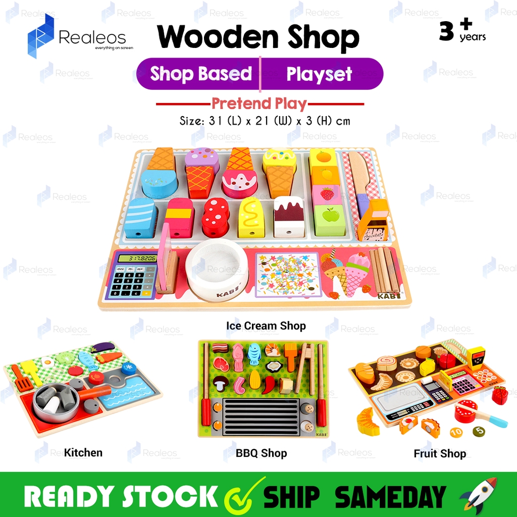 Realeos Kids Wooden Pretend Play Set Store Montessori Toy Ice Cream Kitchen BBQ Fruit Shop Board Cutting Toys - RC17