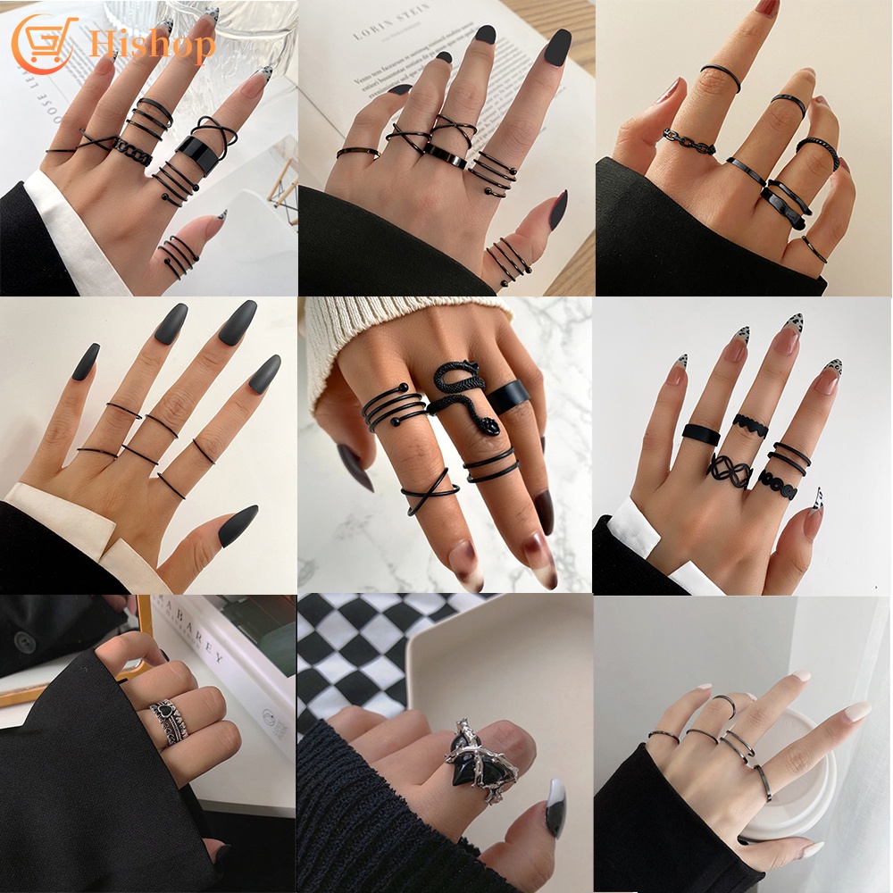 Simple Black Ring Set Cross Snake Butterfly Heart Cool Girl  Accessories Jewelry