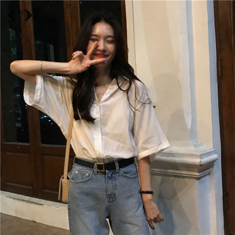 Loose Slimmer Look Solid Color Half-Sleeved Shirt Lapel Student Versatile Single-Breasted Top Girls Clothing Clothes Korean Must @