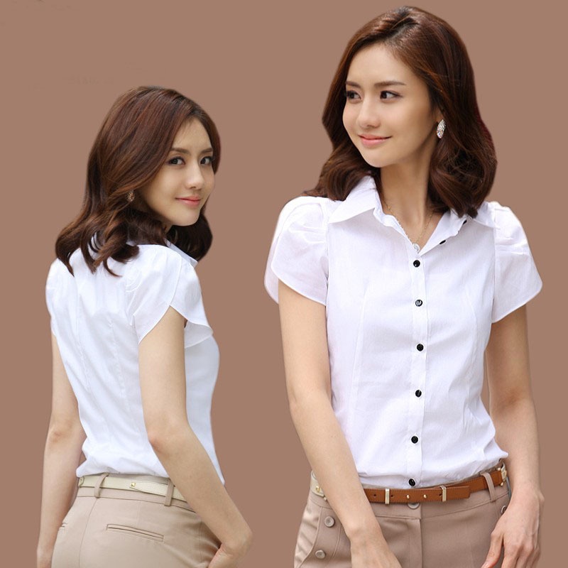 Women Summer Formal Office Shirts Ladies Work Wear Cotton White Shirt ...