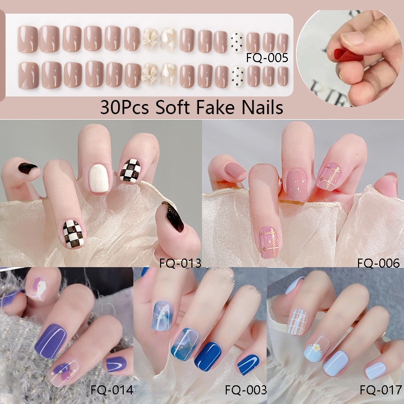 30pcs Soft Fake Nails with Jelly Glue set Bendable and foldable ...
