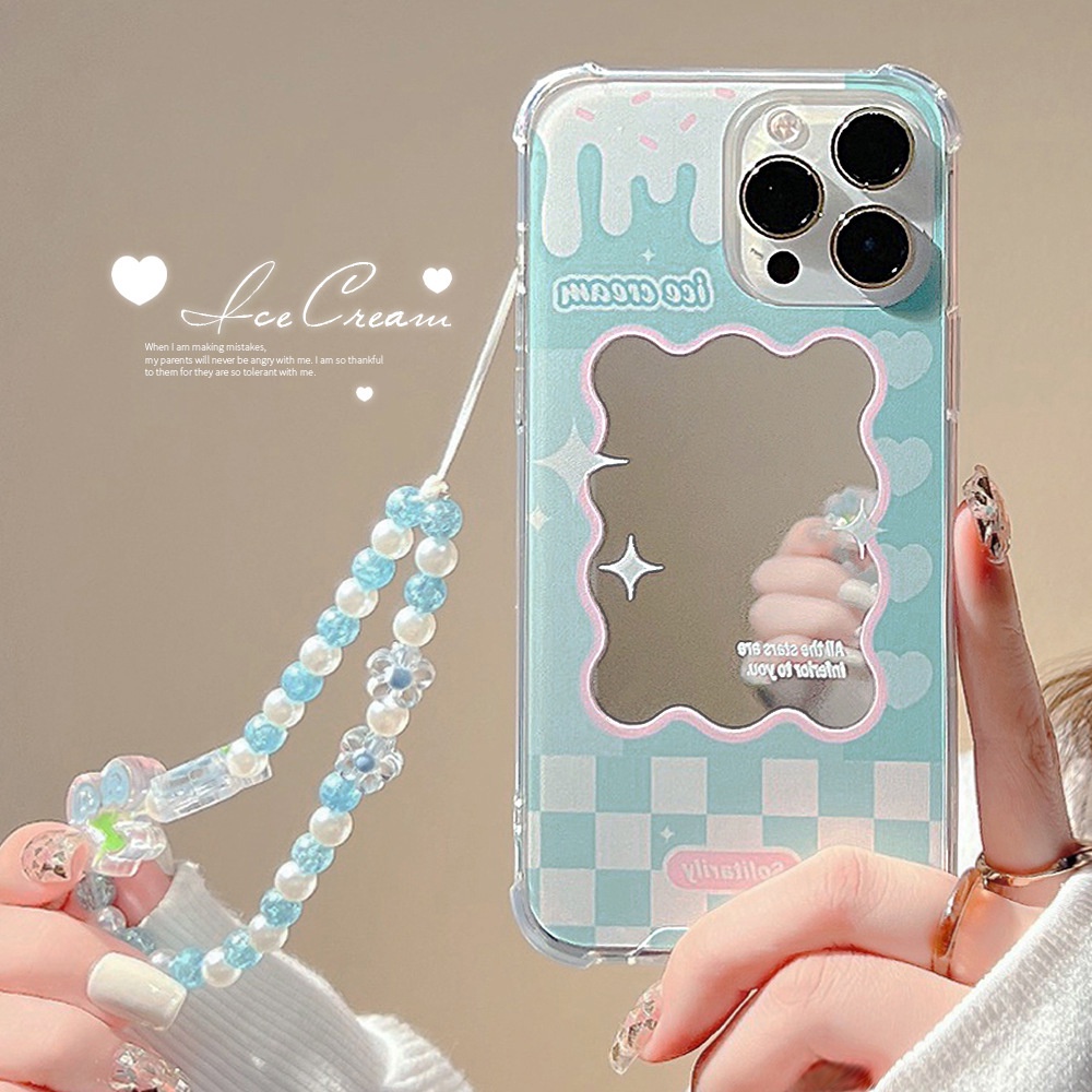 Blue Check Make Up Mirror Case With Chain For Iphone 11 8 7 Plus SE2 XS XR 12 13 Mini PRO MAX Casing Protective Cover