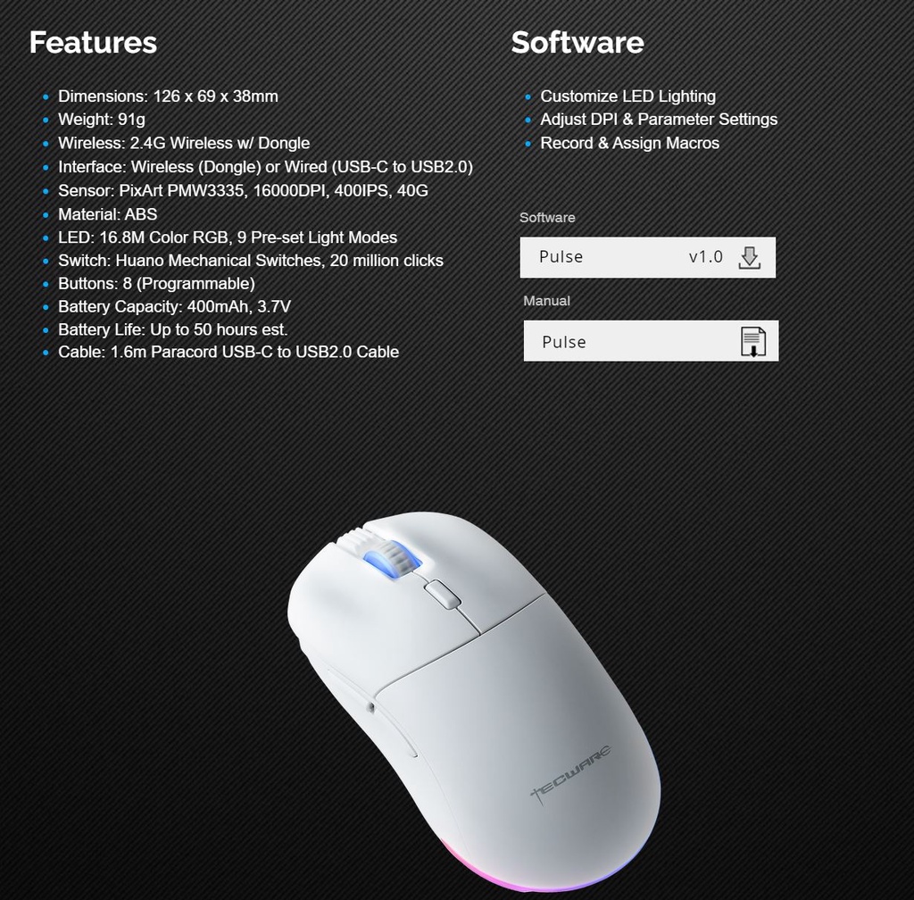 Tecware Pulse 16K DPI Wireless Gaming Mouse White/Black (1 Year ...