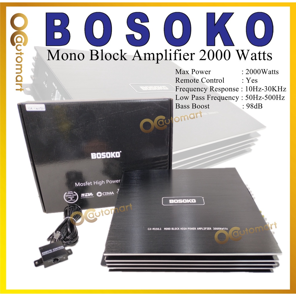 Bosoko MonoBlock Amplifer 2000 Watts With Bass Remote Control Mono ...