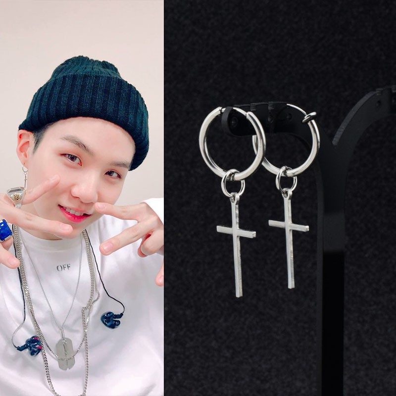1pc Silver Cross Earrings BTS SUGA Kpop Idol Earrings Hoop for Men Boys Girl Friends Shopee Singapore