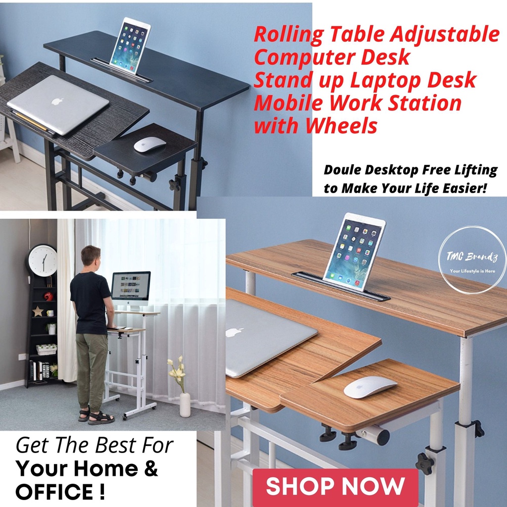 Rolling & Ergonomic Standing Height Adjustable Computer Table Laptop ...