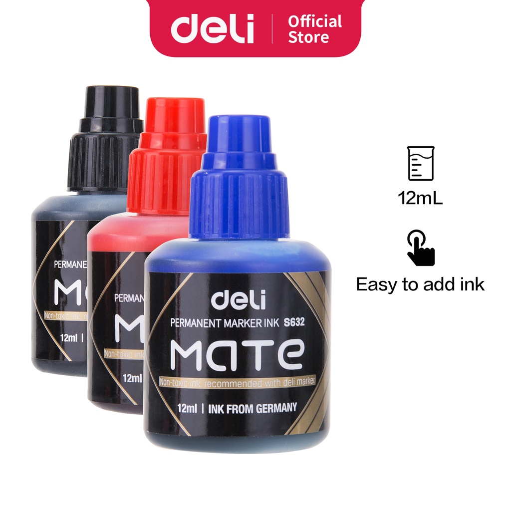 Deli Isi ulang tinta Spidol Permanen [12 mL] - Hitam Merah Biru Cepat Kering tahan air ES632 - Gambar 2