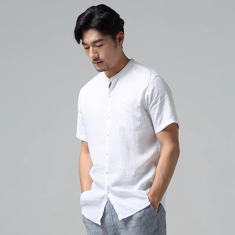 Half Button Mandarin Collar Long Sleeve Shirt