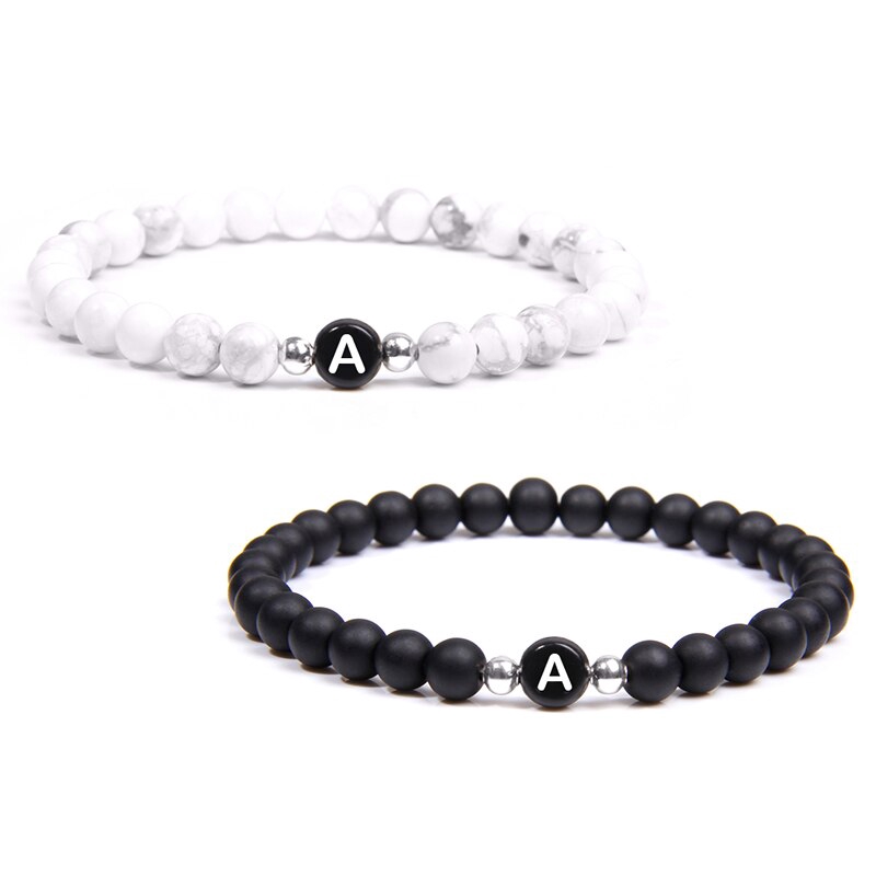 White Turquoise Natural Frosted Stone Black 26 Letters Bead Name Bracelet Women Men Couple Bracelets Friend Fashion Jewelry