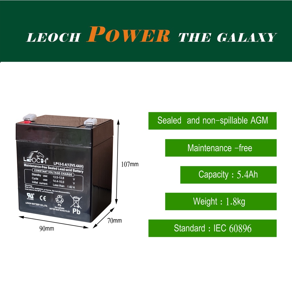 Leoch DJW12-4.5 12V 5Ah Sealed Lead Acid Replacement Battery:   Sealed Lead Acid