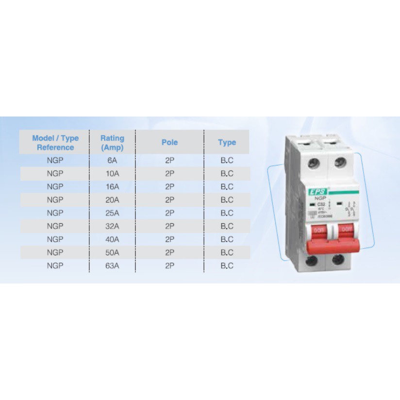 EPS 2Pole MCB 6A 10A 16A 20A 32A 40A 50A 63A Circuit Breaker 6KA (SIRIM ...