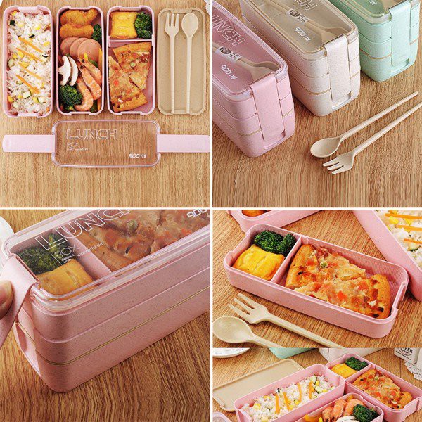 3-storey Rectangular 900ml Rectangular Lunch Box Lunch Box With Plates ...