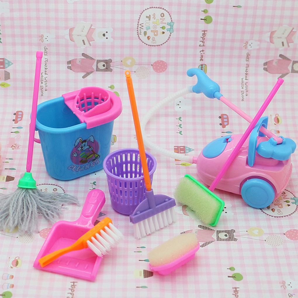 9pcs/set Mini Pretend Play Mop Broom Toys Cute Kids Cleaning Furniture Tools Kit House Clean Toys Color Random