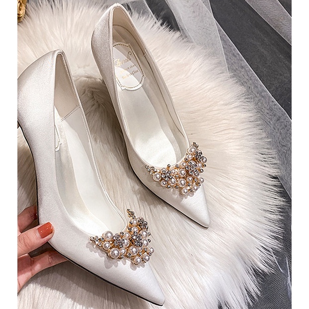 White Wedding Shoes High Heels Women Wedding Bridal rhinestone Shoes Pointed Silk Rhinestone Flat Shoes Shopee Singapore