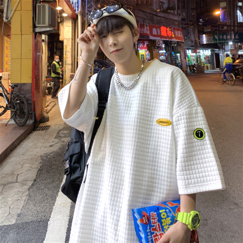 Waffle Tshirt Korean Tops O Neck Men S Shirt Casual Tees Couples Loose Shirt for Men Short Sleeve Top Harajuku Tshirt Unisex Clothing Solid Color Shirts