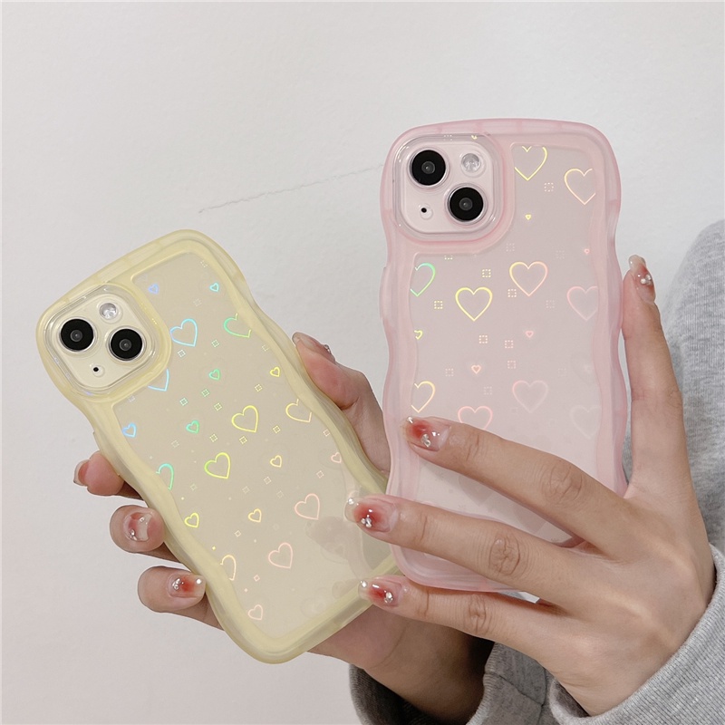For iPhone 14 Pro Max  13  12 Pro Max 11 Pro Max Candy Color Wave Pattern Multicolour Love Heart Laser Airbag Case