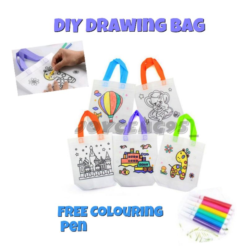 STOK DIY Colouring Non Woven Bag Kids Arts and Craft Hadiah Beg (FREE ...