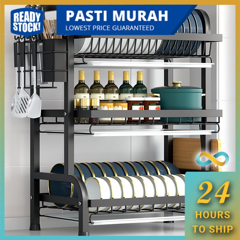 2/3Tier Rak Pinggan Stainless Steel Dish Rack Dish Drainer Dish Rak ...