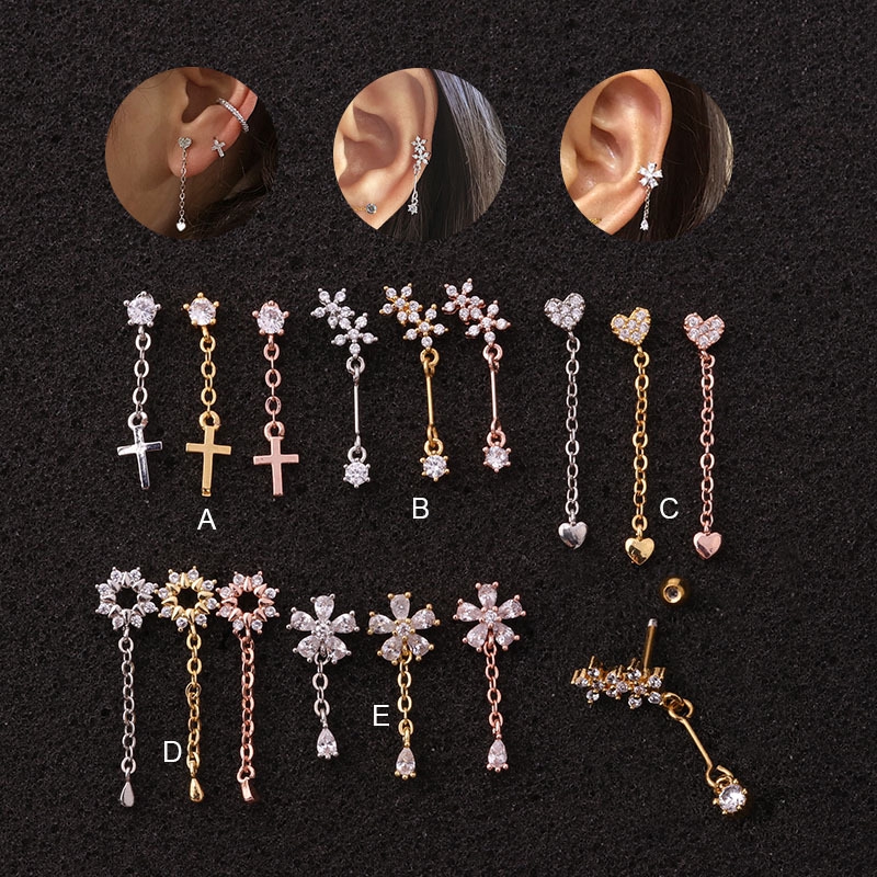 1PC CZ Flower Heart Cross Dangle Cartilage Earrings for Women