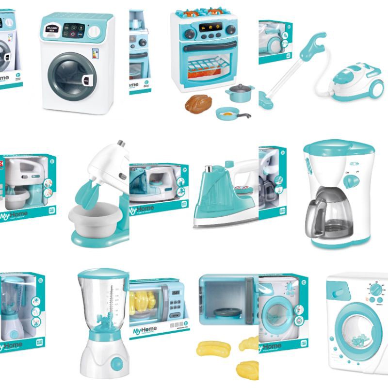 Blue Color MyHome Appliances Kids Pretend Toy Juicer Mixer Vacuum Toaster Iron Coffee Washing Microwave Kettle Stove