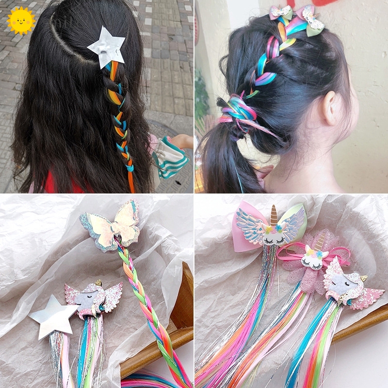 Fashion Korean Colorful Kids Unicorn Hair Clip Wig Bow Knot Star Baby Girl Hairpin Hair Accessories Ponytail Braided Hairband