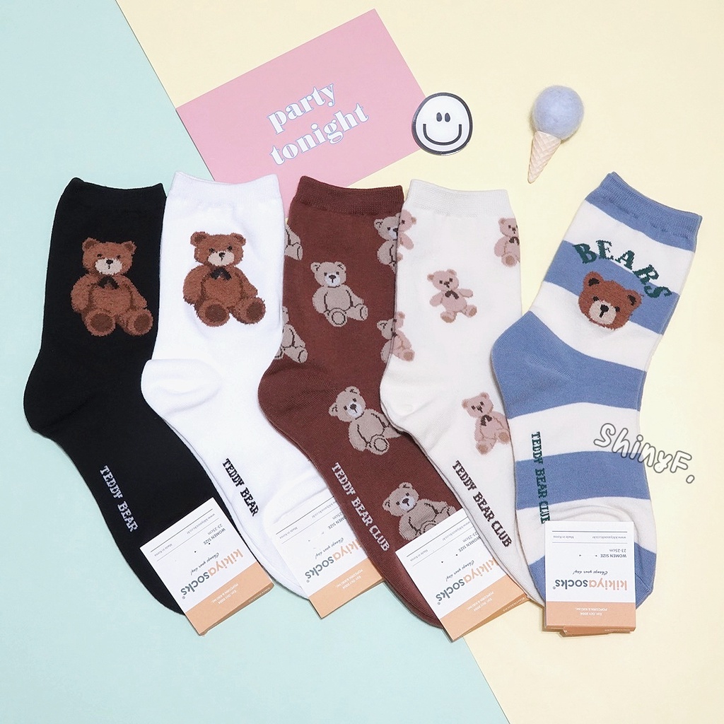 Korean Socks Teddy Bear Cute Full Screen Fluffy Striped Stockings Women ...