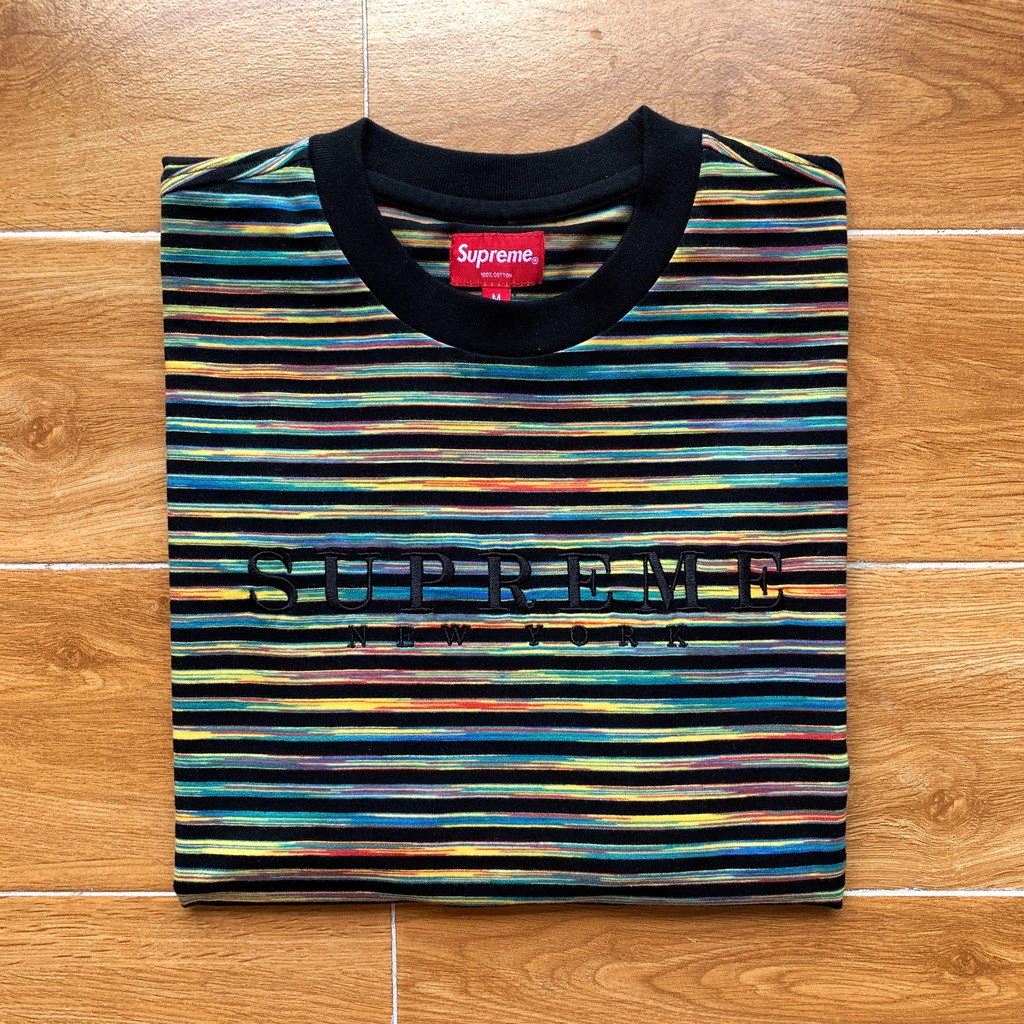 authentic 18ss Suprem Static Stripe Logo Embroidery tee Gradient