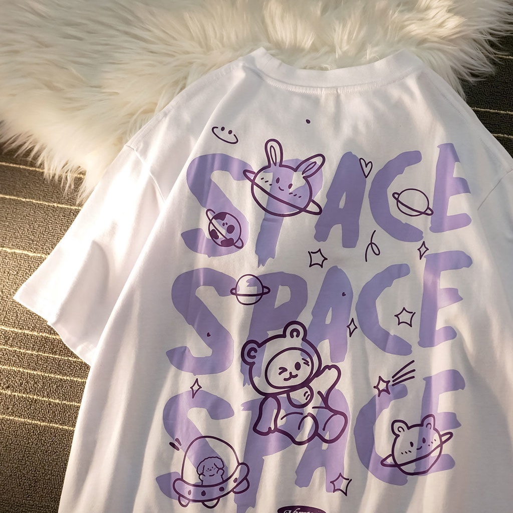 Purple SPACE Letter Fashion Clothing Loose Cotton Neck Round Large Size Short Sleeve T Shirt Women Blouse Clothes Rabbit Bear