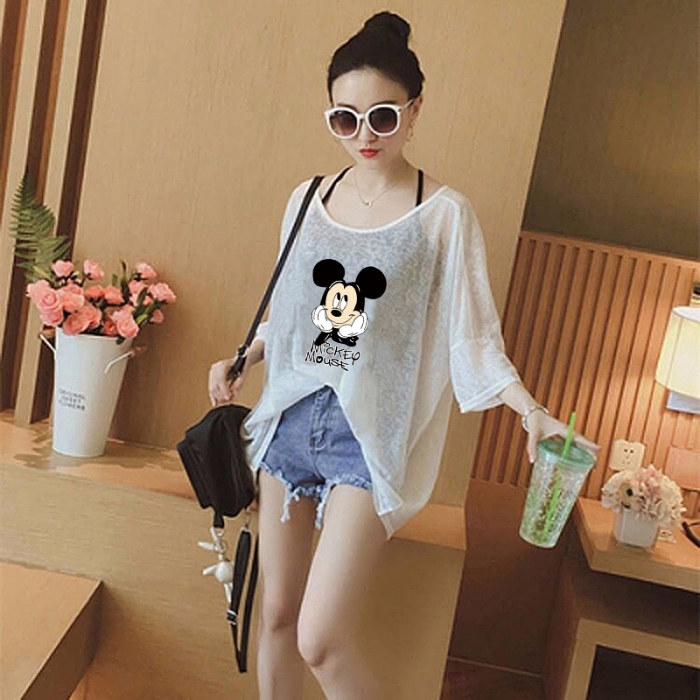 27T4585 # Summer clothing new large size round neck loose round neck printed short sleeve sling two-piece bottoming shirt top women