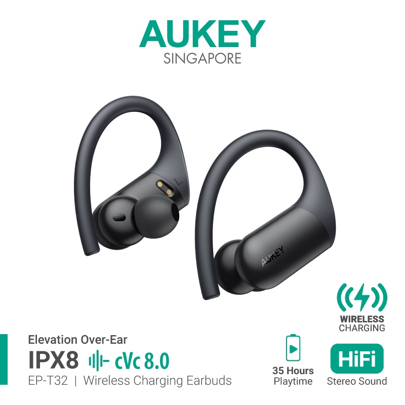 Aukey EPT32 Wireless Charging Earbuds Elevation OverEar IPX8 with CVC 8.0 (18 Months Warranty