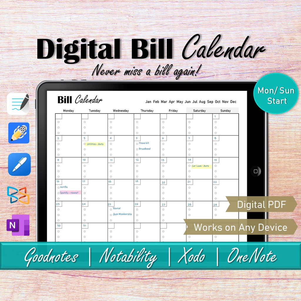 Digital Bill Tracker Calendar Ipad Budget Planner, Goodnotes Monthly