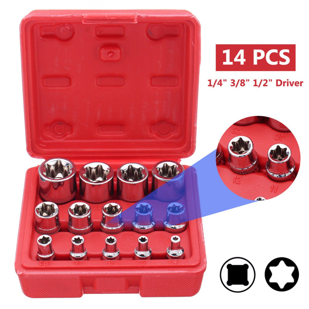 14Pcs E4 E24 Star Driver Socket Set Hex Torx Torq Torque Bits 1/4 3/8